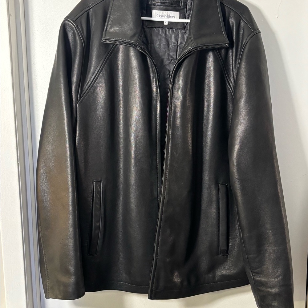 Calvin Klein Black Leather Jacket XL Genuine Leather Zip Front